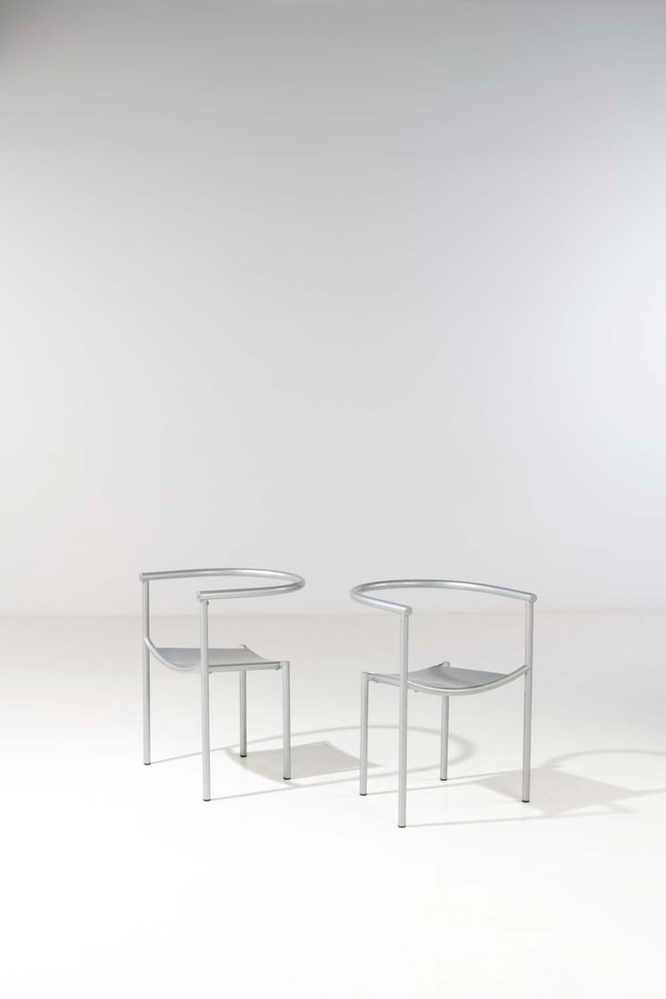 Philippe Starck (born 1949) Von Vogelsang: Philippe Starck (born 1949)Von VogelsangPair of chairsTubular metal and perforated sheetModel created in 1983Label on reversePublisher Aleph / DriadeH 72 x W 52 x D 45 cm