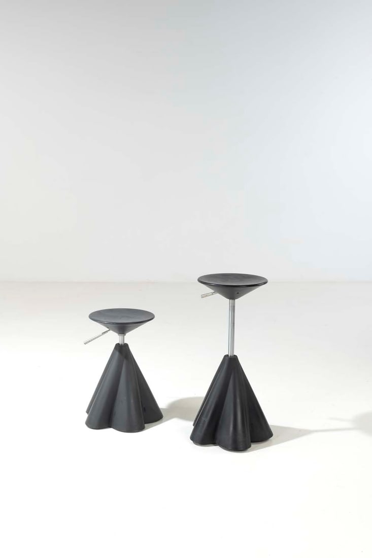 Philippe Starck (born 1949) Indispensabili: Philippe Starck (born 1949)IndispensabiliPair of adjustable stoolsPlastic and steelCreated in 1987Edited by Maletti, Presence Paris pour l'OréalMinimum height 50 cm Maximum height 77 cm L 40 cmOne in