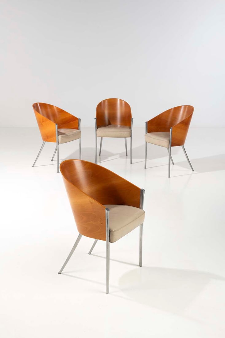 Philippe Starck Collection (born 1949) King Costes: Philippe Starck Collection (born 1949)King CostesFour chairsDesigned around 1980Fruitwood, aluminium and beige leatherSigned under the rear crossbar ‘Aleph Starck'H 80 x W 48 x D 55 cm