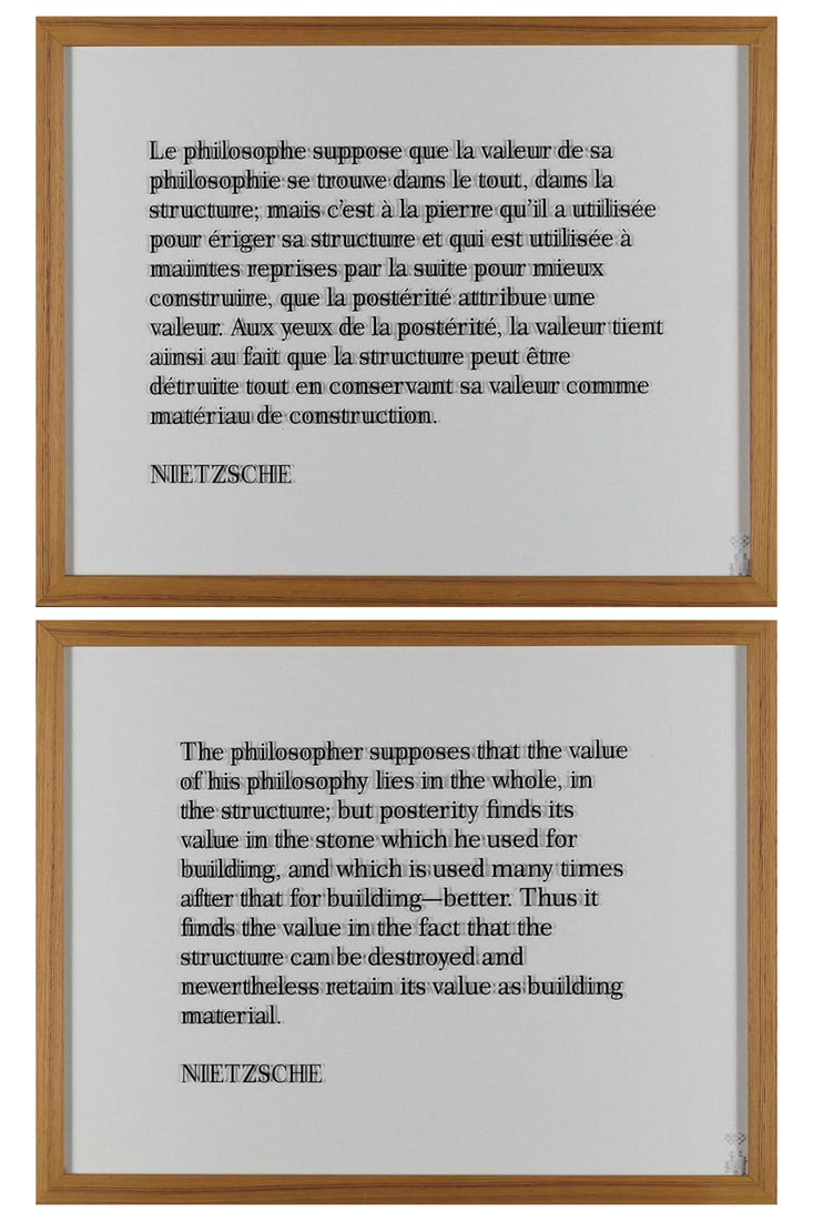 Joseph Kosuth (born 1945) Nietzche, Mémoire de la liberté, 1991 Diptych Screenprint on: Joseph Kosuth (born 1945)Nietzche, Mémoire de la liberté, 1991DiptychScreenprint on glass and wooden frameNo. 33/75Edition of 75 38 × 48 cm (each) - framed