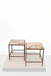 Louis Cane (1943-2024) Plongeon, 2011 Two (2) square side tables in gilded bronze and marble mosaic: Louis Cane (1943-2024)Plongeon, 2011Two (2) square side tables in gilded bronze and marble mosaicSigned and numbered "1/2" and 2/2" on the edge45 × 40 × 40 cm (each)