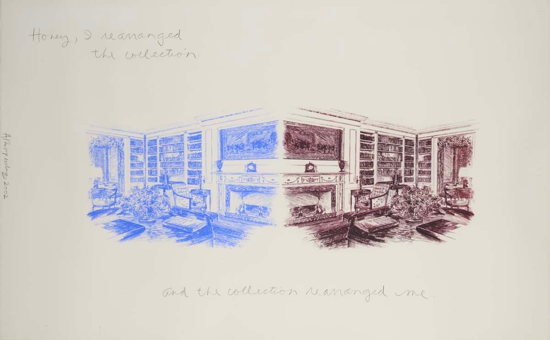 Allen Ruppersberg (born 1944) Honey, I rearranged the collection and the collection rearranged me,: Allen Ruppersberg (born 1944)Honey, I rearranged the collection and the collection rearranged me, 2002Pencil and print on paperSigned and dated on the leftUnique piece77 × 108 cmProvenance: Galer