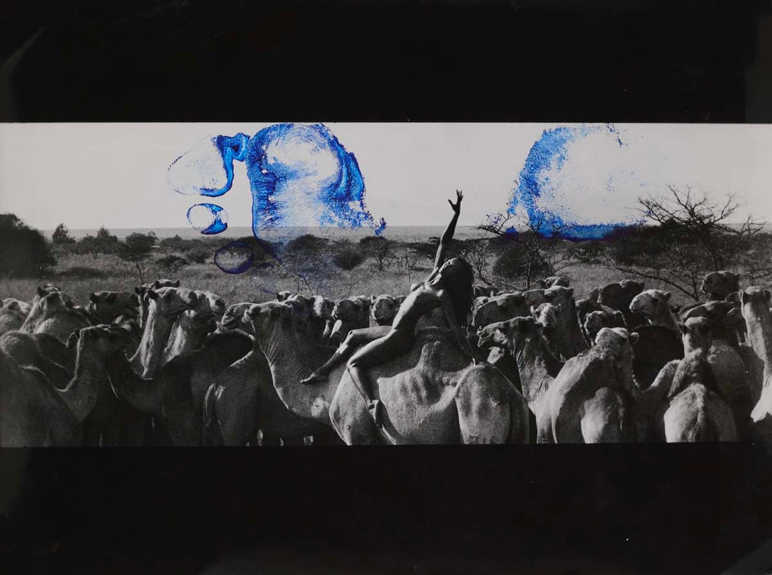 Peter Beard (1938-2020) Modèle et troupeau de rendilles, Kenya, c: Peter Beard (1938-2020)Modèle et troupeau de rendilles, Kenya, c. 1985Vintage silver print with Peter Beard' footprint in blue ink on the top part of the imageImage: 16,5×40,5cm/Sheet: 30,2&