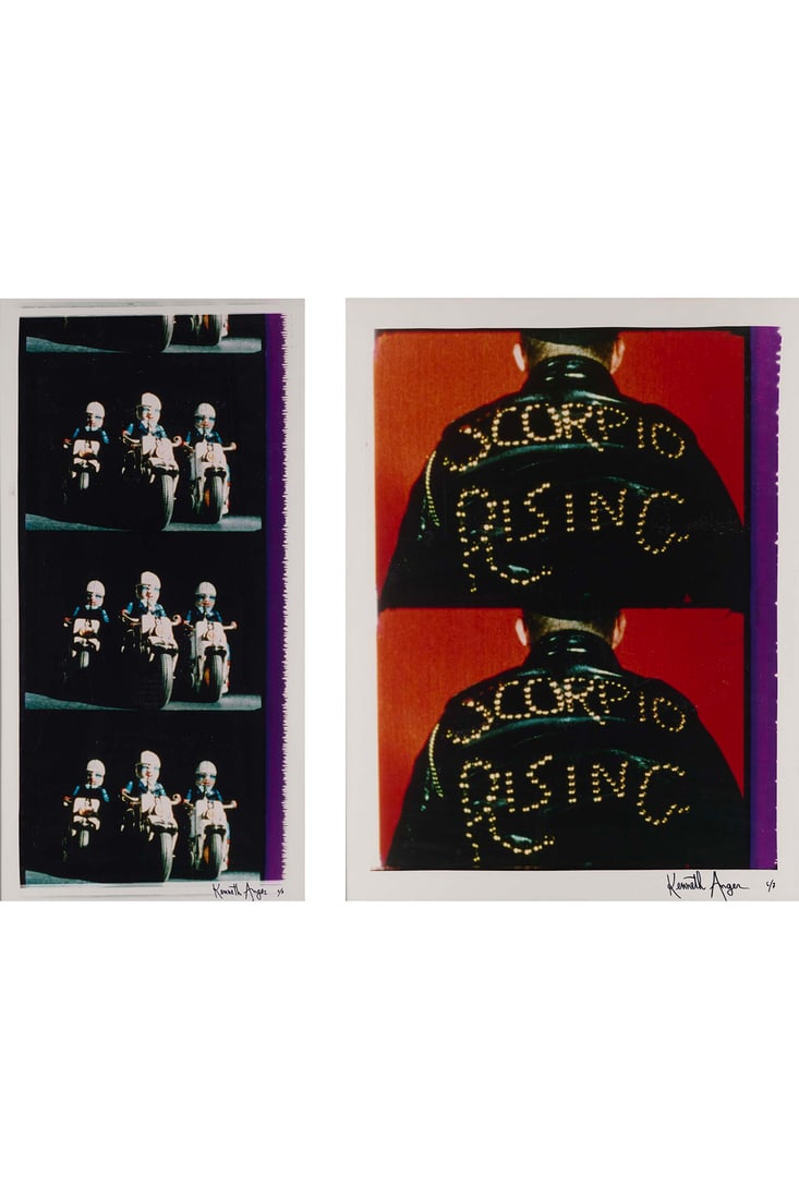 Kenneth Anger (1927-2023) Scorpio Rising, 1963 Two (2) chromogenic prints, mounted on cardboard: Kenneth Anger (1927-2023)Scorpio Rising, 1963Two (2) chromogenic prints, mounted on cardboard plumesGalerie du Jour Agnès B. label on the back of one mountSigned and numbered (edition of 7) in in