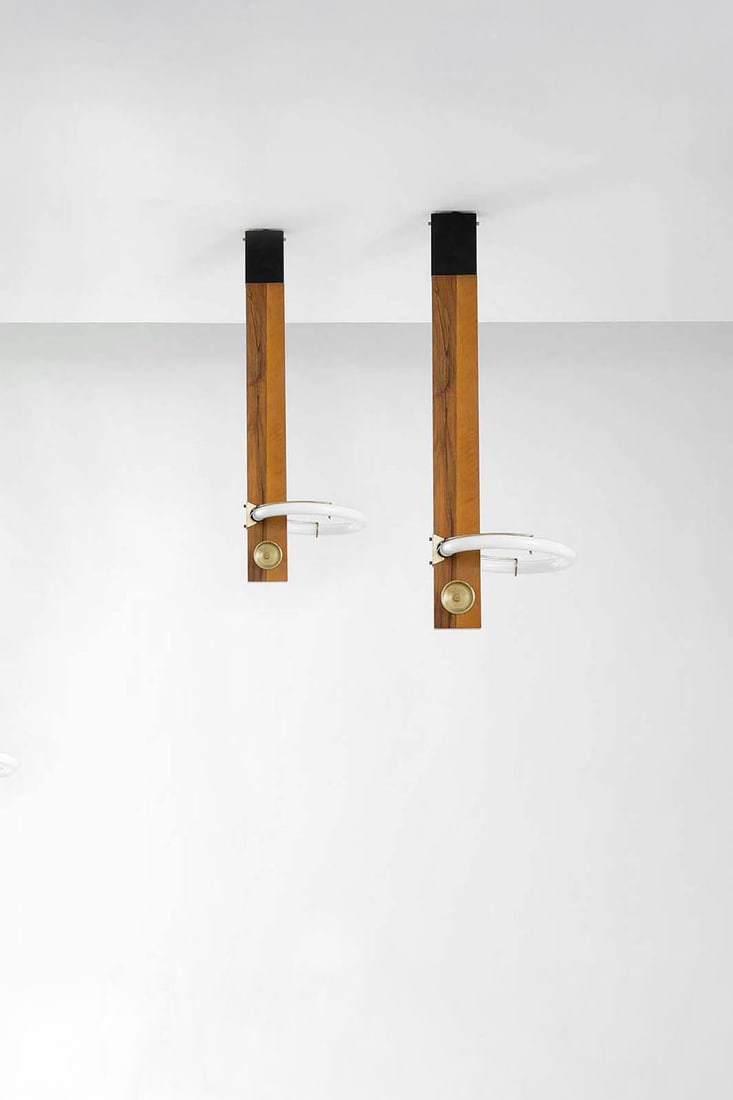 Angelo Brotto (1914 - 2002) Pair of wall lights (or suspension) Wood, steel and brass Esperia: Angelo Brotto (1914 - 2002)Pair of wall lights (or suspension)Wood, steel and brassEsperia production (label)Model created around 1970H 91 x W 30 x D 30 cm