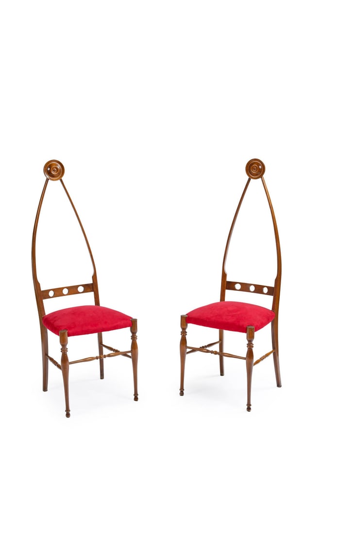 Pozzi & Verga (20th, publisher) Pair of high-back chairs Wood and red velvet Produced by Pozzi &: Pozzi & Verga (20th, publisher)Pair of high-back chairsWood and red velvetProduced by Pozzi & Verga, ItalyCreated around 1950H 124 x W 43 x D 43 cm