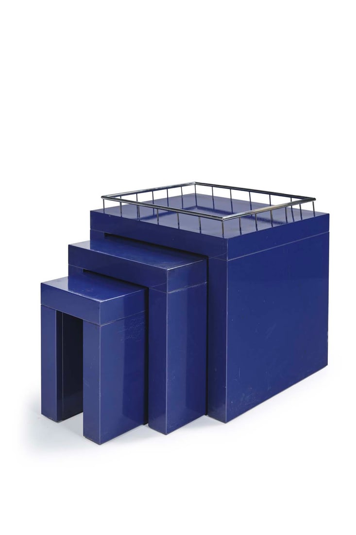 Marco Zanini (born 1954) Three nesting tables Enamelled steel and chromed metal Italy 1980s: Marco Zanini (born 1954)Three nesting tablesEnamelled steel and chromed metalItaly 1980sPublisher VERIF???H 43 x W 50 x D 36 cmH 56 x W 50 x D 50 cmH 37 x W 50 x 22 cm