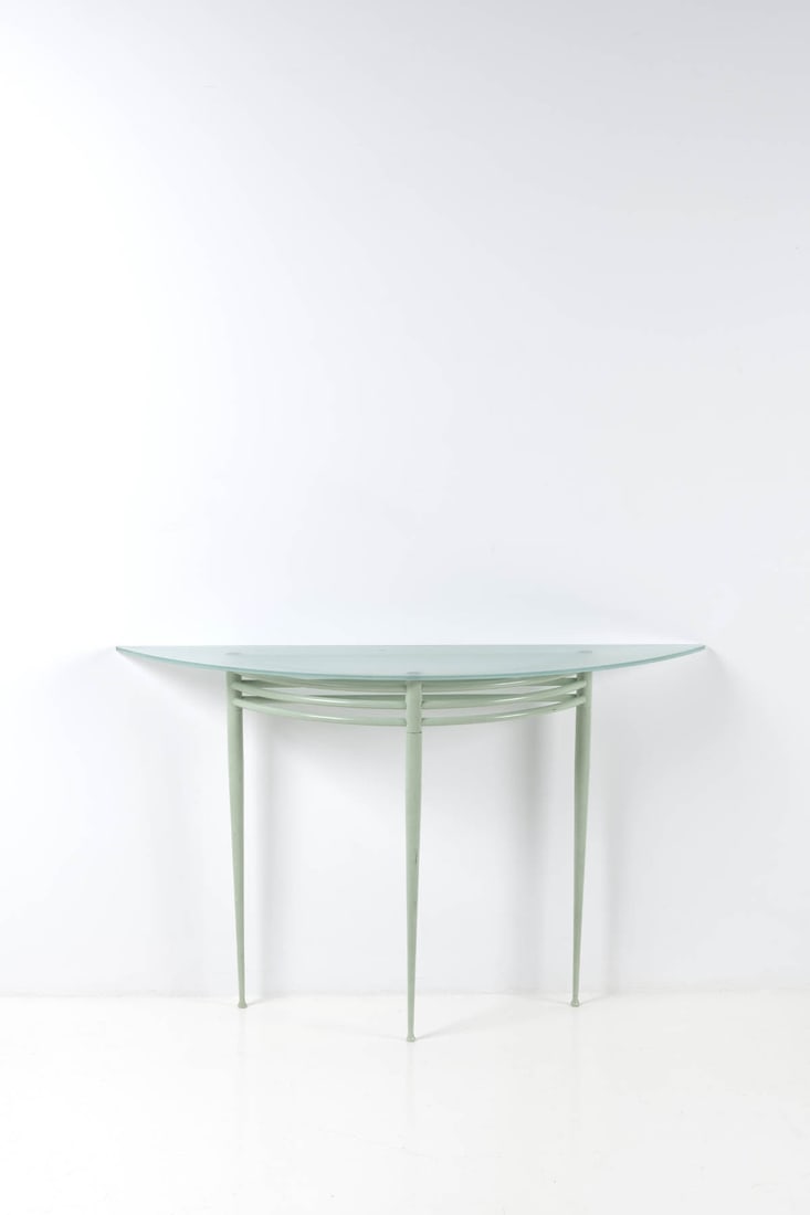 Pascal MOURGUE (1943-2014) 'Atlantique' console table Green lacquered metal and sandblasted glass: Pascal MOURGUE (1943-2014)'Atlantique' console tableGreen lacquered metal and sandblasted glassArtelano editionModel created around 1985H 82 x W 133 x D 35 cm