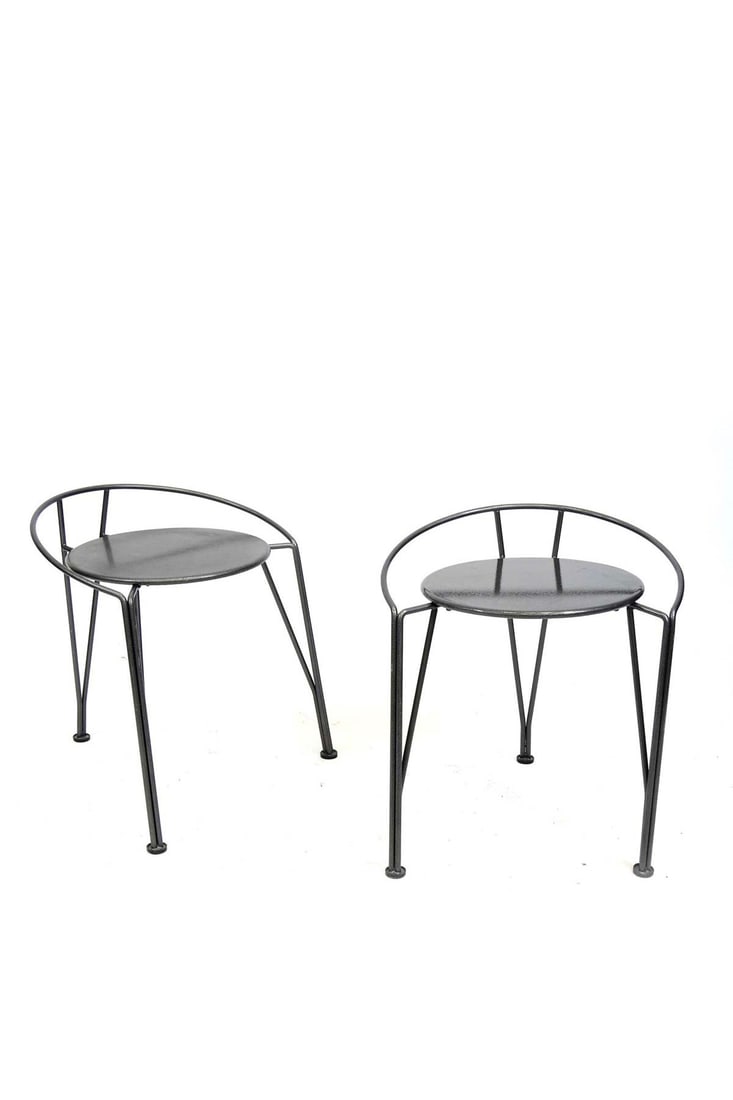 Pascal MOURGUE (1943-2014) Pair of stools ‘Lune d'argent’ model Grey lacquered metal: Pascal MOURGUE (1943-2014)Pair of stools ‘Lune d'argent’ modelGrey lacquered metalFermob editionCreated around 1985H 53 x W 48 x D 49 cm