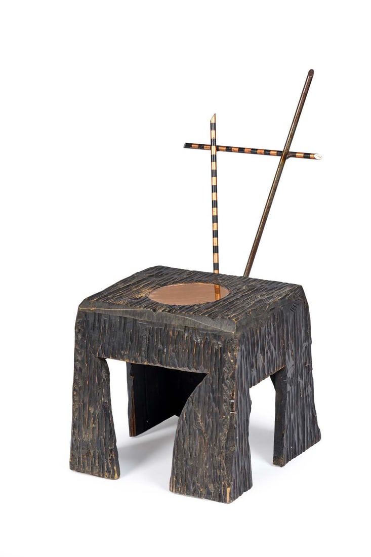 Alex Locadia (XX-XXI) Sculptural armchair Stained and carved wood, glass, metal and brass Locadia: Alex Locadia (XX-XXI) Sculptural armchair Stained and carved wood, glass, metal and brass Locadia production Model created around 1990 H 95 x W 46 D 44 cm