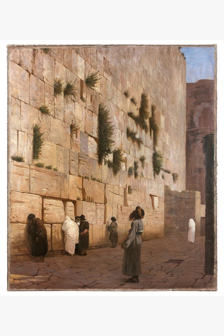 Jean-Léon Gérôme (1824-1904), attributed to Le Mur des Lamentations Original canvas: Jean-Léon Gérôme (1824-1904), attributed toLe Mur des Lamentations, JérusalemOriginal canvas60×51 cmSigned left "J. L. GEROME" ; red inscriptions on the stretcher "...AMON540-*" and green inscrip