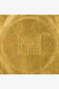 Alain Jacquet (1939-2008) Les 64 KUA, 1971-1973 Gold leaf on embossed paper mounted on blue velvet: Alain Jacquet (1939-2008)Les 64 KUA, 1971-1973Gold leaf on embossed paper mounted on blue velvet panel25×25cm (sheet)40×40cm (frame)Provenance:- Daniel Varenne / Galerie le Clos de Sierne, G