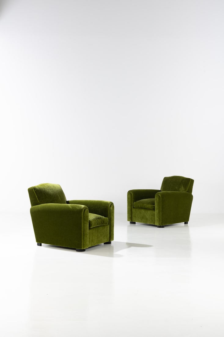 Victor Courtray (1896-1987) Pair of armchairs: Victor Courtray (1896-1987)Pair of armchairsOak wood and fabric'COURTRAY' plaque beneath the seatingModel created circa 1940H 83 × L 83 × W 94 cm