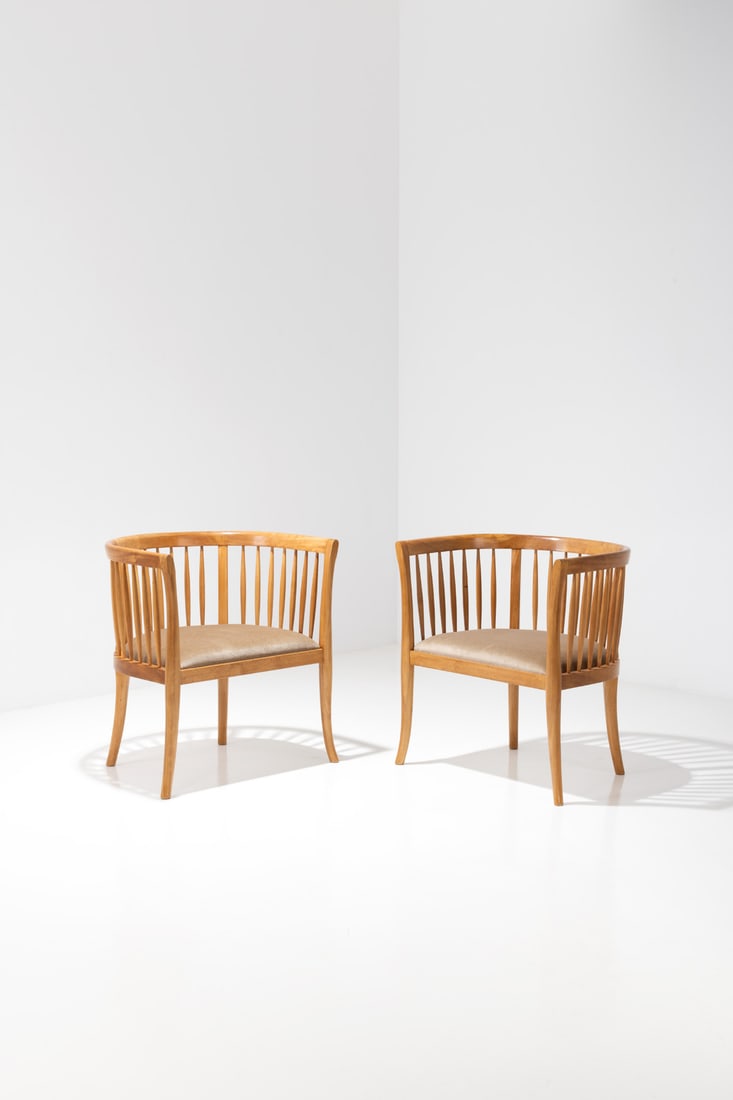 André Groult (1884-1966) Pair of armchairs: André Groult (1884-1966)Pair of armchairsSycomore and fabricModel created circa 1914H 85 x L 80 x W 57cm