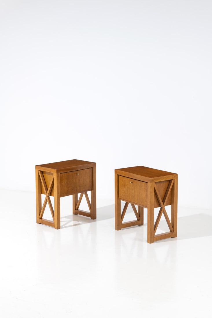 Jean Royère (1902-1981) Pair of 'Grand croisillon' bedside tables: Jean Royère (1902-1981)Pair of 'Grand croisillon' bedside tablesOak woodModel created circa 1950H 55 × L 49,5 × W 31 cmProvenance: Galerie Jacques Lacoste and Galerie Patrick Seguin, Pa