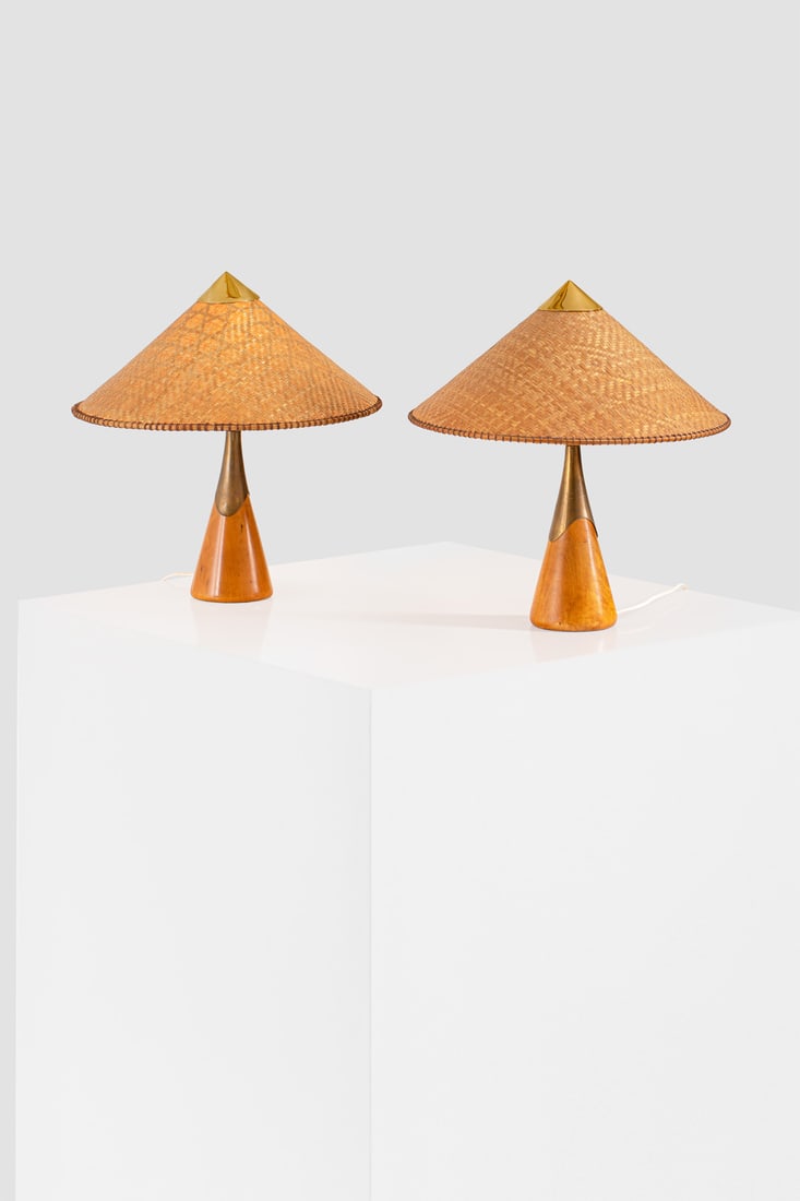 Gunnel Nyman (1909-1948) Set of two lamps Wood, brass and rattan Edited by Idman Model created circa: Gunnel Nyman (1909-1948)Set of two lampsWood, brass and rattanEdited by IdmanModel created circa 1945H 46 × Ø 40 cm