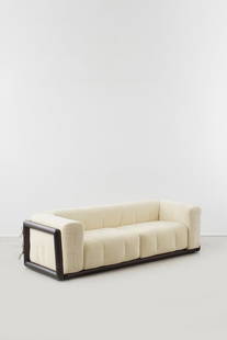 Carlo Scarpa (1906-1978)'Cornaro' sofa Lacquered wood and fabric Edition Gavina Italy Model created: Carlo Scarpa (1906-1978)'Cornaro' sofaLacquered wood and fabricEdition Gavina ItalyModel created in 1973H 60 × W 220 × D 85 cm