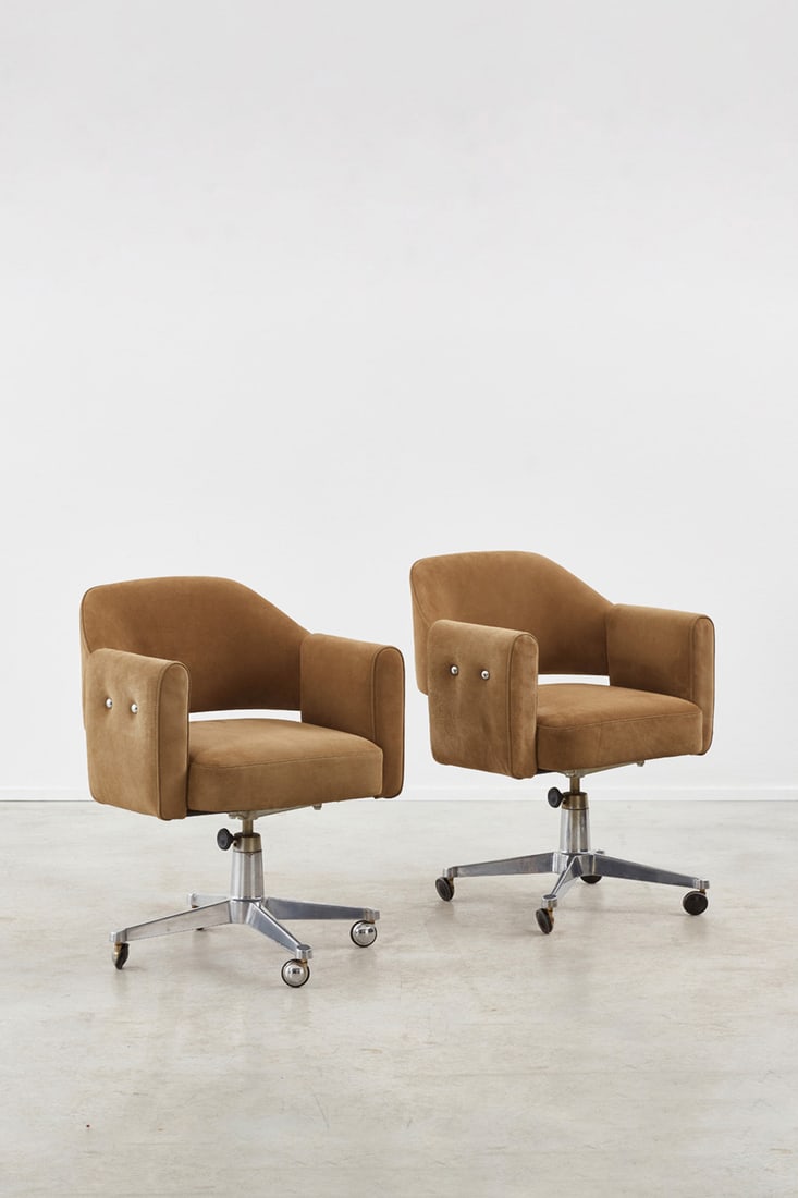 Spanish work (XX) Pair of swivel desk armchairs Metal and suede Model created circa 1960 H 76 × (1 of 2)