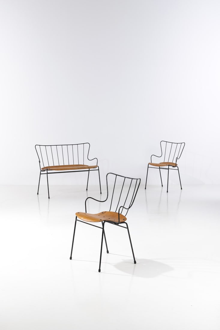 Ernest Race (1913-1964) Set consisting of two armchairs and one bench -: Ernest Race (1913-1964)Set consisting of two armchairs and one bench -Model 'Antilope'Lacquered metal and woodEdition Race FurnitureModels created in 1951Armchairs: H 82 × L 55 × P 47 cmBenc
