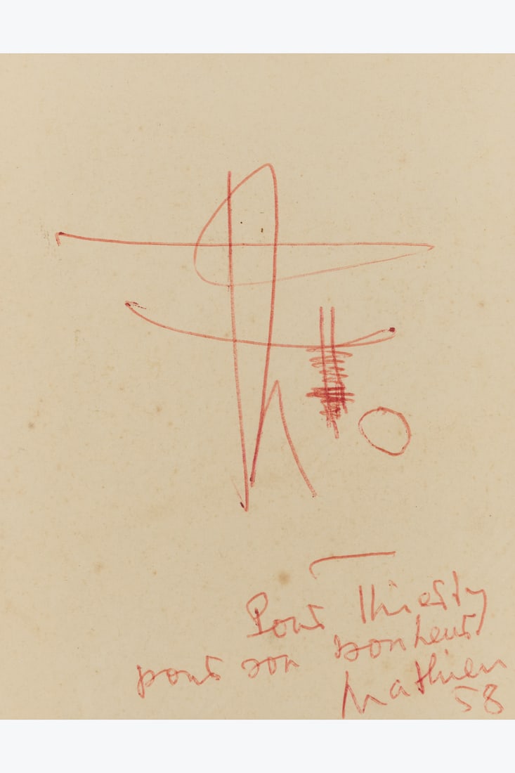 Georges Mathieu (1921-2012) Composition, 1958: Georges Mathieu (1921-2012)Composition, 1958Red ballpoint pen on paperSigned, dated and dedicated on the bottom right13 x 10,5 cmProvenance: Private collection, Paris
