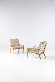 Terence Harold Robsjohn-Gibbings (1905-1976) Pair of lounge chairs Walnut, canvas and fabric Edited (1 of 2)