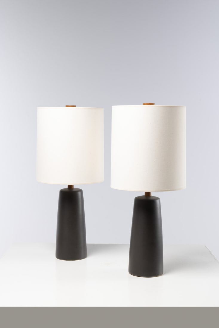 Jane & Gordon Martz (20th c: Jane & Gordon Martz (20th c.)Pair of table lampsCeramic, walnut, brass and fabricEdited by Marshall StudiosSigned ‘Martz’ and manufacturer’s label on one baseModel created circa 1960