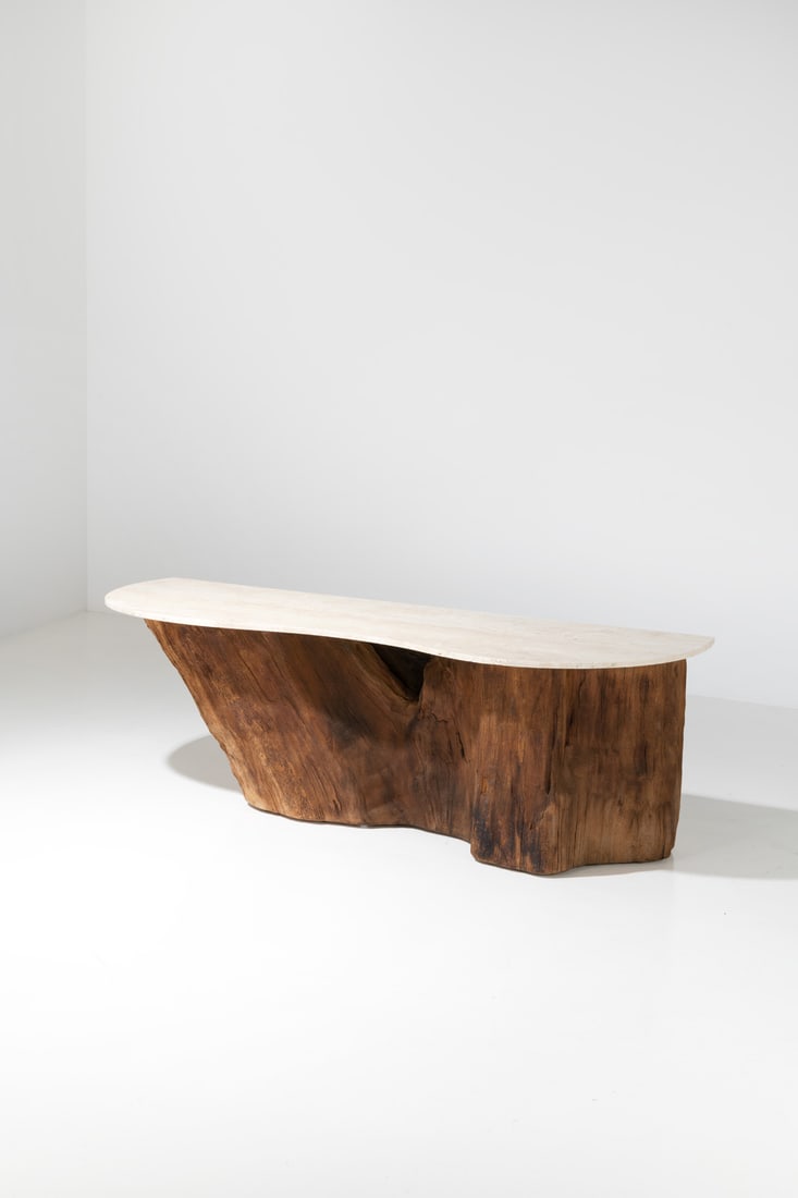 Michael Taylor (1927-1986) Console - Unique piece Sequoia and travertine Model created in the 1970s: Michael Taylor (1927-1986)Console - Unique pieceSequoia and travertineModel created in the 1970sH 73 × L 210 × W 63 cm