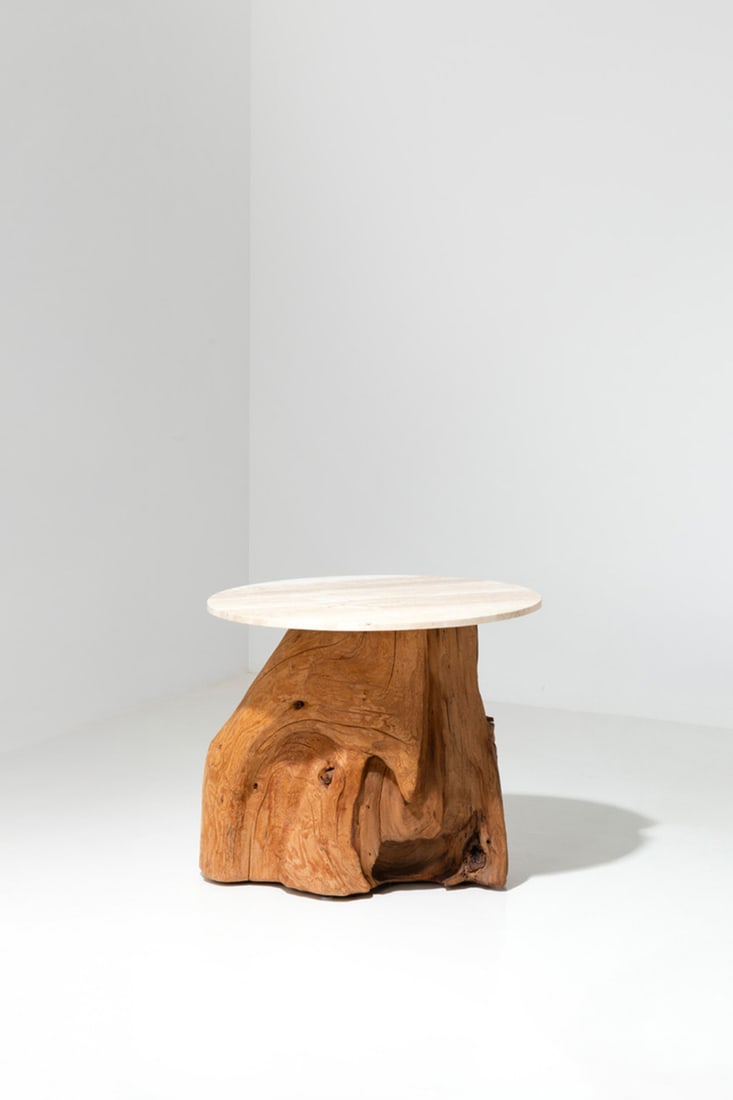 Michael Taylor (1927-1986) Side table - Unique piece Sequoia and travertine Model created in the: Michael Taylor (1927-1986)Side table - Unique pieceSequoia and travertineModel created in the 1970sH 73 × L 86 × W 69 cm