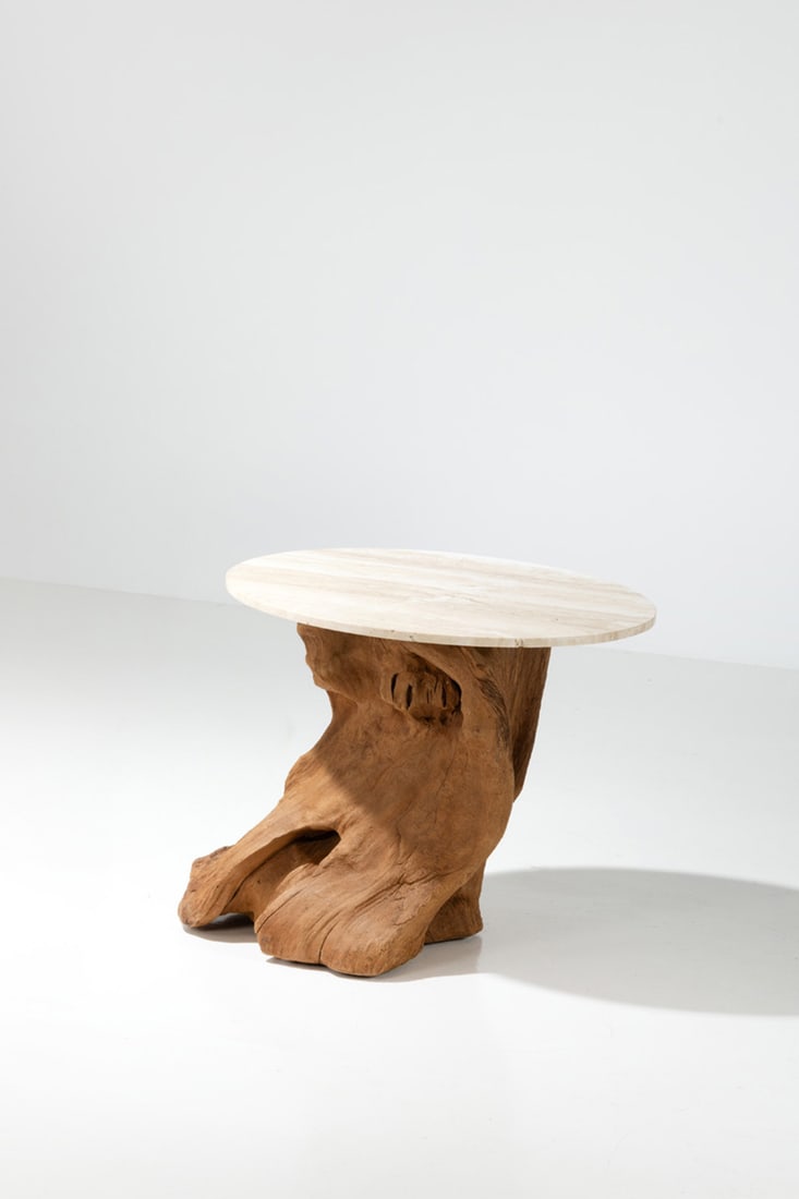 Michael Taylor (1927-1986) Side table - Unique piece Sequoia and travertine Model created in the: Michael Taylor (1927-1986)Side table - Unique pieceSequoia and travertineModel created in the 1970sH 71,5 × L 86 × W 69 cm