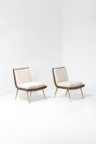 Terence Harold Robsjohn-Gibbings (1905-1976) Pair of lounge chairs Walnut, brass and fabric Edited (1 of 2)