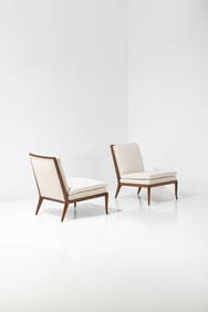 Terence Harold Robsjohn-Gibbings (1905-1976) Pair of lounge chairs - Model WMB Walnut and fabric (1 of 1)