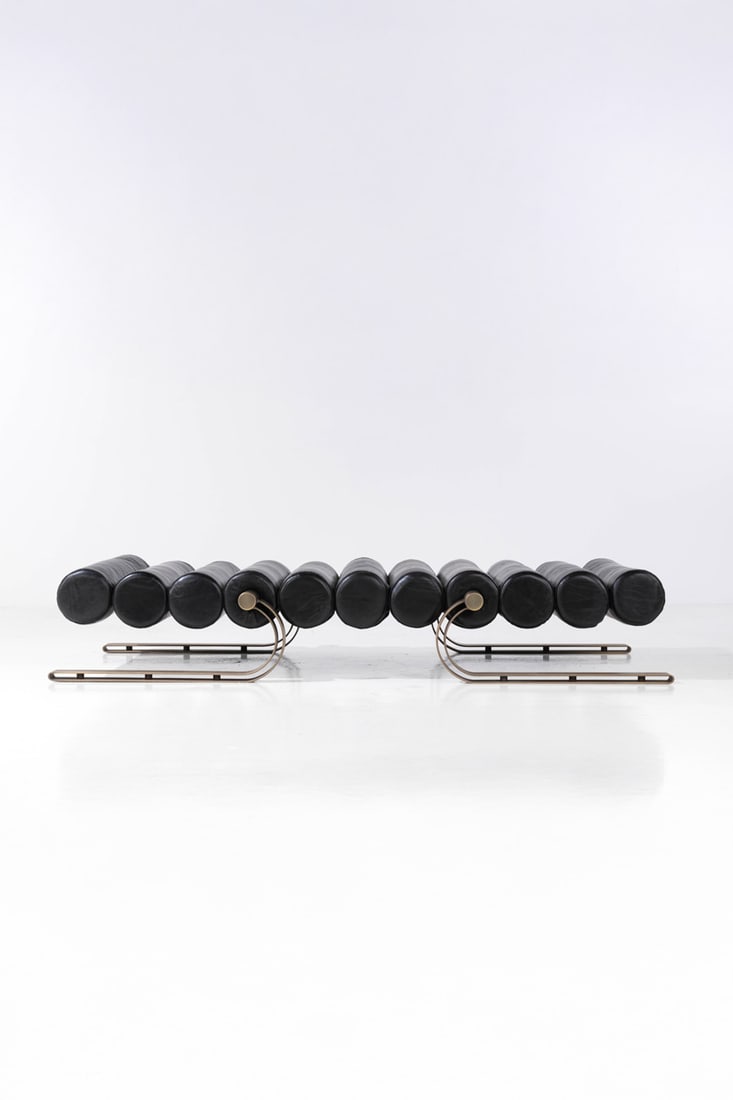 Marzio Cecchi (1940-1990) Daybed Metal and leather Edited by Studio Most Incised signature 'Marzio: Marzio Cecchi (1940-1990)DaybedMetal and leatherEdited by Studio MostIncised signature 'Marzio Cecchi' and numbered'02' on one footModel created circa 1970H 36 X L 200 X W 94,5 cm190 X 83 cm (mattress