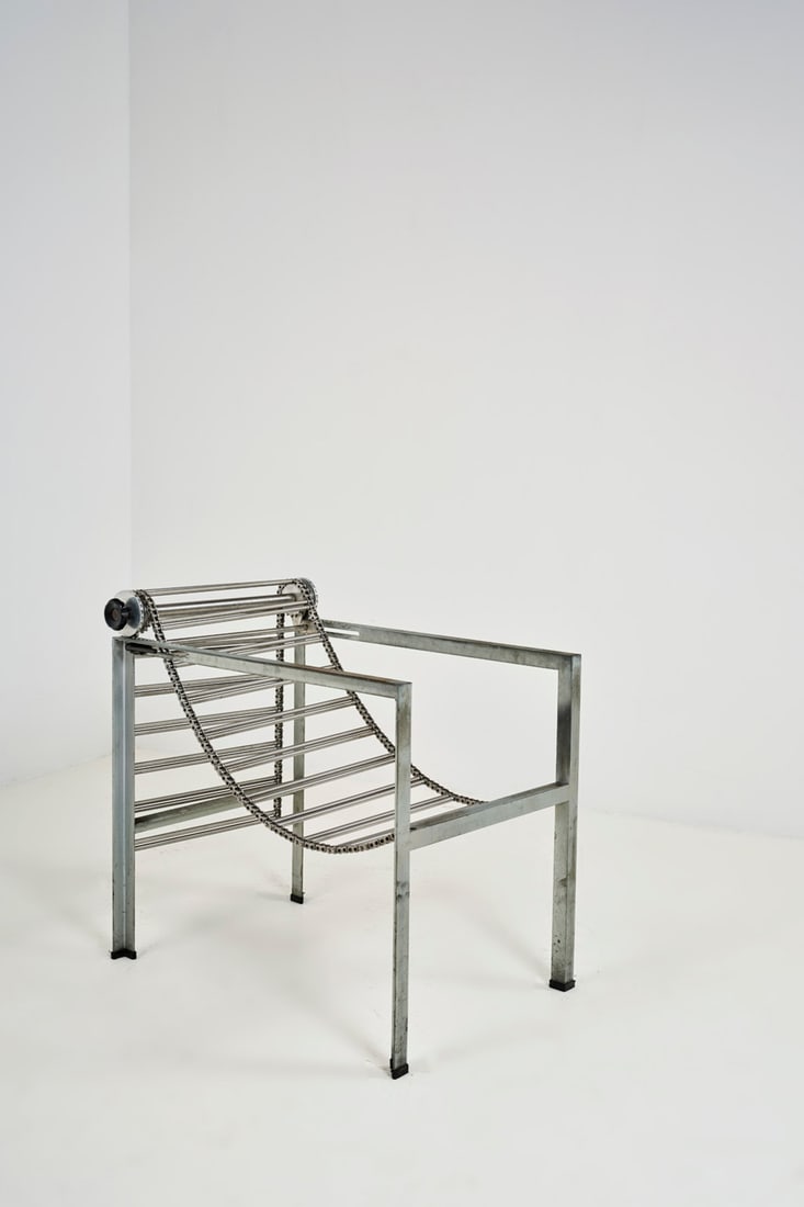 Paolo Pallucco (born in 1950) & Mireille Rivier (born in 1959) Armchair - Model 'Barbara d'Argento': Paolo Pallucco (born in 1950) & Mireille Rivier(born in 1959)Armchair - Model 'Barbara d'Argento'PrototypeMetal, chain, and plasticPallucco EditionModel created in 1980H 72 x W 51 x D 75 cmBibliograph