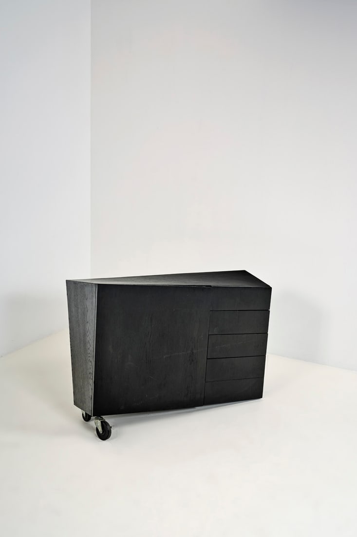 Paolo Pallucco (born in 1950) & Mireille Rivier (born in 1959) Cabinet - Model 'Il Toro con: Paolo Pallucco (born in 1950) & Mireille Rivier (born in 1959)Cabinet - Model 'Il Toro con Cassetti'PrototypeEbonized ash and steelPallucco EditionModel created in 1980H 85 x W 116 x D 42 cm