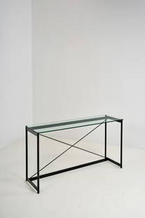 Mario Asnago (1896-1981) & Claudio Vender (1904-1986) Console Lacquered metal and glass Pallucco: Mario Asnago (1896-1981) & Claudio Vender (1904-1986)ConsoleLacquered metal and glassPallucco EditionFirst editionModel created in 1936Production date: 1984H 75 x W 140 x D 41 cmNote: Black version