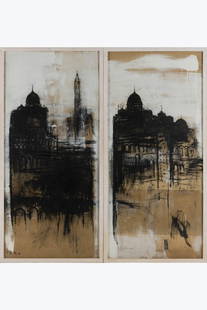 Piero Pizzi Cannella (born 1955) Cattedrali, 2002 Oil on paper fixed on wood panel Diptych Signed,: Piero Pizzi Cannella (born 1955)Cattedrali, 2002Oil on paper fixed on wood panelDiptychSigned, dated and annotated lower left on the first partTitled lower left on the second partCountersigned on the