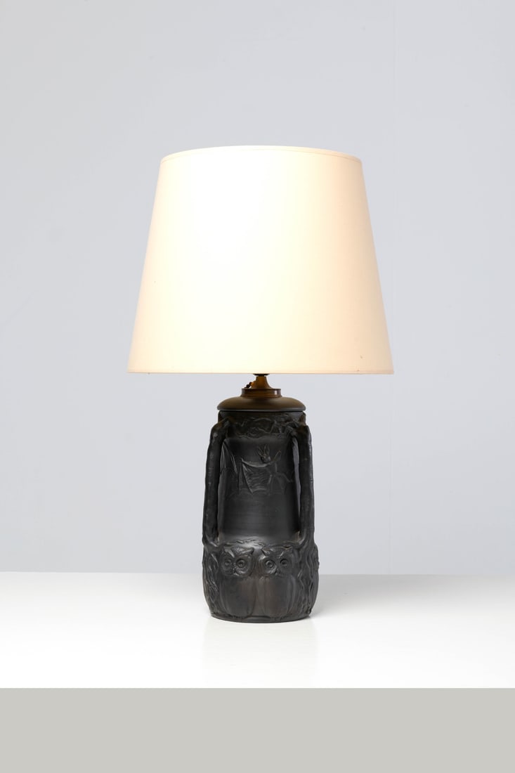 Lauritz Adolph Hjorth (1834-1912) Table lamp: Lauritz Adolph Hjorth (1834-1912)Table lampGlazed ceramicSigned beneath the base 'L. Hjorth', numbered '652' and inscribed with 'Bornholm'Model created circa 1930H 34 × Ø 18 cm(with lampshad