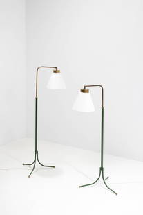 Josef Frank (1885-1967) Pair of floor lamps, model n°1842: Josef Frank (1885-1967)Pair of floor lamps, model n°1842Lacquered metal, brass and fabricEdited by Svenskt TennStamped with 'SVENSKT TENN TYP 1842'Model created circa 1950H 110/130 (adjustable) &