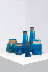 Nils Kähler (1906-1979) Set of six vases: Nils Kähler (1906-1979)Set of six vasesGlazed ceramicEdited by Herman A. Kahler KeramikSigned on the undersideModels created circa 1960H 61 × Ø 16 cmH 53 × Ø 16 cmH 34 ×