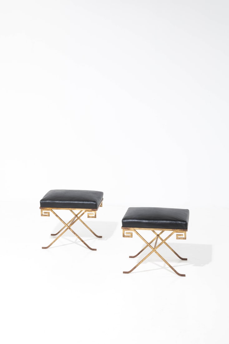 Jean-Michel Frank (1895-1941) Pair of hassocks: Jean-Michel Frank (1895-1941)Pair of hassocksGilded iron and leatherEdited by Comte, ArgentinaModel created circa 1938H 44×L 50×W 38cmBibliography:- 'Jean Michel Frank, Adolphe Chanaux', L.