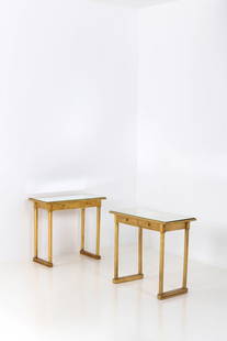 Paul Poiret (1879-1944) & Atelier Martine (20th c.) Pair of side tables: Paul Poiret (1879-1944) & Atelier Martine (20th c.)Pair of side tablesGilded wood and glassEdited by the Ateliers MartineOne table dated '1927'Model created in 1914H 72×L 80×W 40cmBibliograp