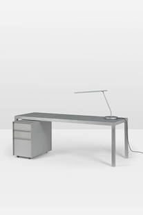 Maarten Van Severen (1956-2005) Desk set consisting of a desk, a three-drawer cabinet, and a table: Maarten Van Severen (1956-2005)Desk set consisting of a desk, a three-drawer cabinet, and a table lamp.- Desk table 'TA88' - Aluminum.Signed.Inscription: T.ALU 001 M VAN SEVEREN.- Cabinet 'RFC00' - Al