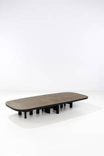 Ado Chale (1928-2025) Coffee table Peppercorn mosaic, resin and painted steel Signed 'Chale' on the: Ado Chale (1928-2025)Coffee tablePeppercorn mosaic, resin and painted steelSigned 'Chale' on the crossbarCreated in 2023H 35.5 x W 260 x D 106 cmProvenance: acquired directly from the artistBibliograp