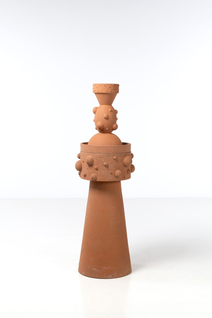 Dan Friedman (1945-1995) Folly-Totem Reversible flowerpot on terracotta plinth Three elements: Dan Friedman (1945-1995)Folly-TotemReversible flowerpot on terracotta plinthThree elements bearing the designer and the Sarri studio's stampsEdition of 9 + 2 H.C. proofsModel created in 1993140 x 37cm