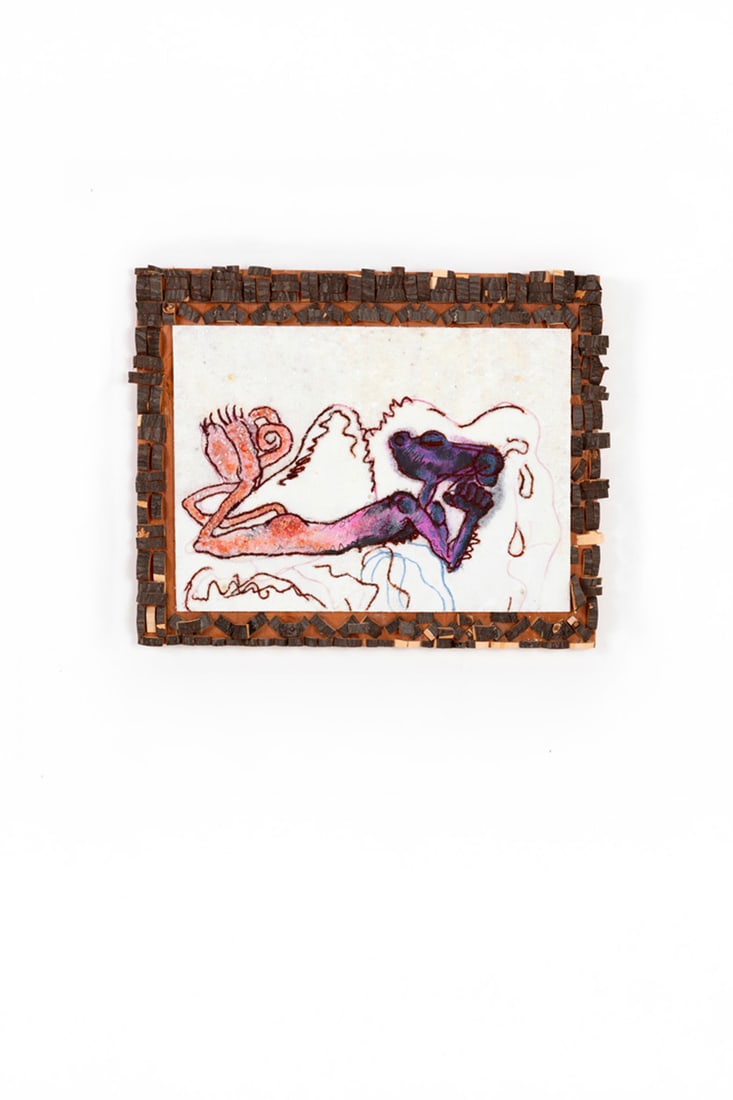 Bjarne Melgaard (born 1967) Untitled (pink panther), 2013: Bjarne Melgaard (born 1967)Untitled (pink panther), 2013Acrylic, quartz crystals, salt, sugar, hanging, glueand bark on wood panel86×110×4 cmProvenance: Gavin Brown's enterprise, New York