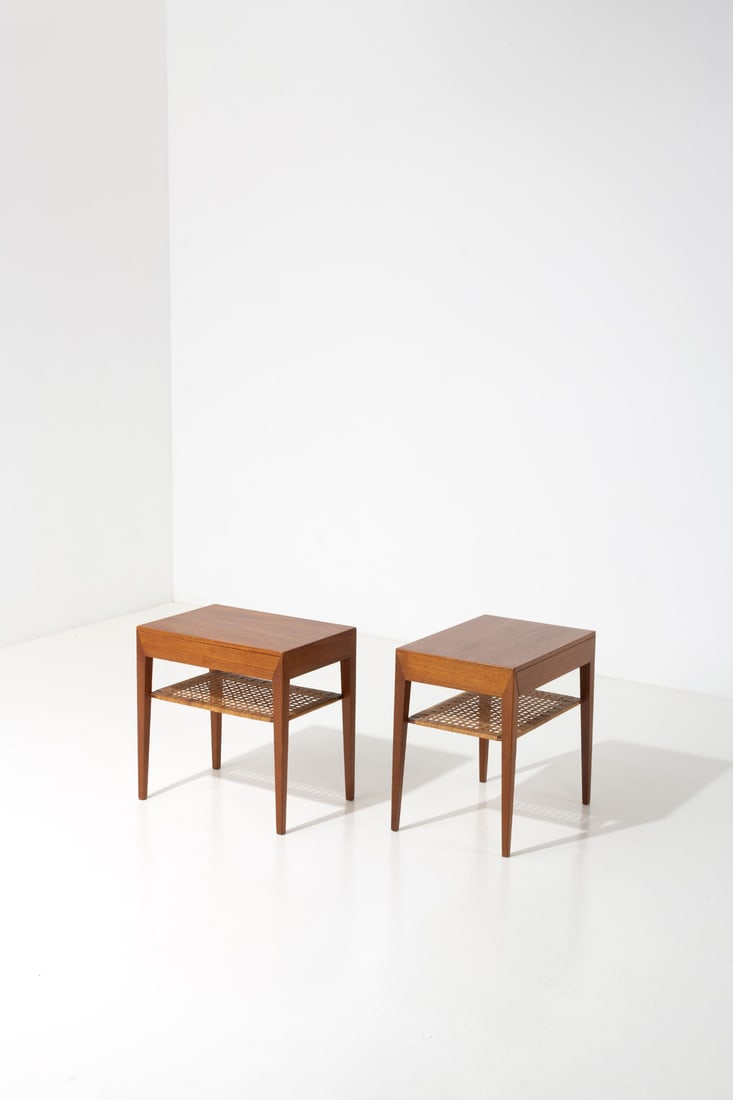 Severin Hansen Jr. (1887-1964) Pair of bedside tables: Severin Hansen Jr. (1887-1964)Pair of bedside tablesTeak and woven wickerHaslev Møbelsnedkeri A/S editionDesigned circa 1955H 50 × W 50 × D 35 cm