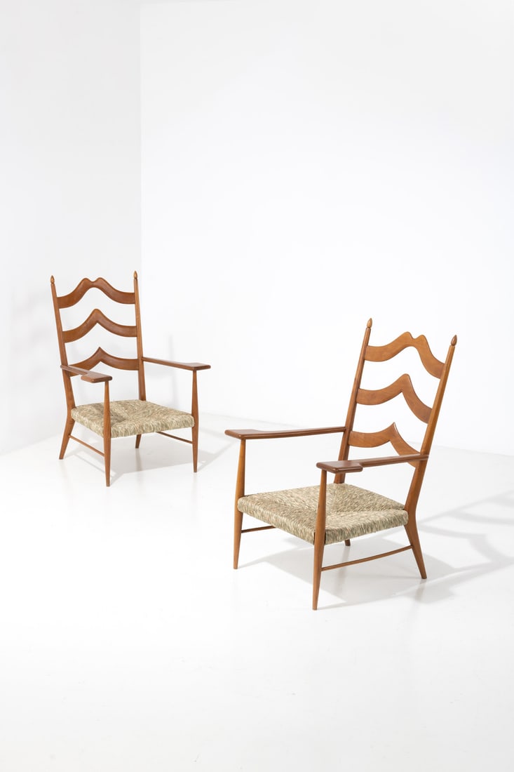 Gio Ponti (1891-1979) & Lio Carminati (20th c.) Pair of armchairs: Gio Ponti (1891-1979) & Lio Carminati (20th c.)Pair of armchairsCherrywood and strawEdited by Casa e GiardinoModel created in the late 1930sH 109×L 76×W 66cmExpertise conducted by the Gio Po