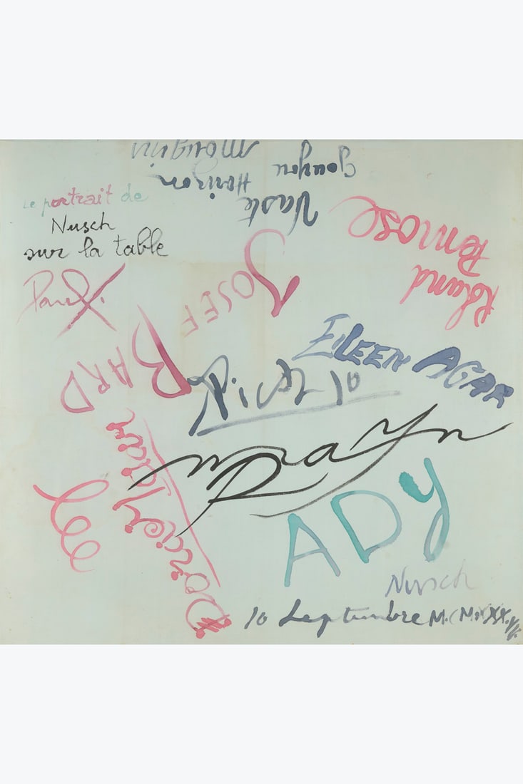 Collective Portrait of Nusch on the Table, Mougins, 1937 Signatures of: Ady [Adrienne Fidelin],: CollectivePortrait of Nusch on the Table, Mougins, 1937Signatures of:Ady [Adrienne Fidelin], Eileen Agar, Josef Bard, Nusch Eluard, Paul Eluard, Dora Maar, Man Ray, Lee Miller, Roland Penrose, Pablo P