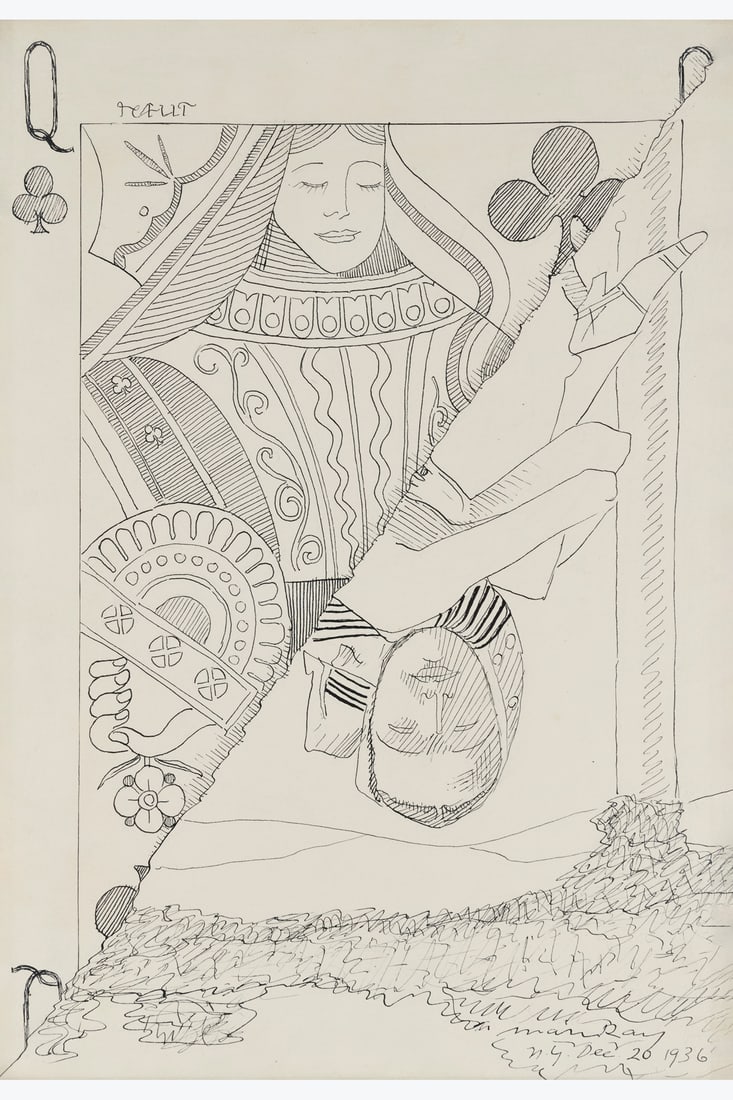 Man Ray (Philadelphia, 1890 - Paris, 1976) Queen of Clubs (Dame de trèfle), New York, December: Man Ray (Philadelphia, 1890 - Paris, 1976)Queen of Clubs (Dame de trèfle), New York, December 20, 1936Indian ink on paperSigned, dated, and located lower rightAnnotated “Reflet” upper