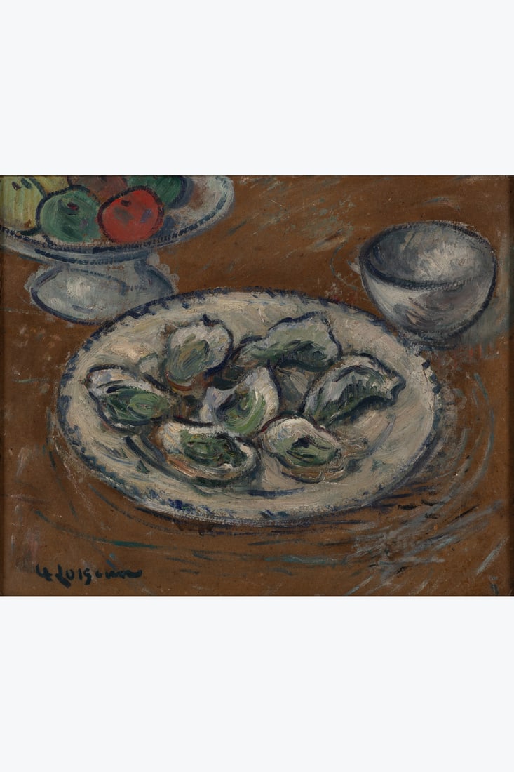 Gustave Loiseau (1865-1935) Nature morte aux huîtres, circa 1923: Gustave Loiseau (1865-1935)Nature morte aux huîtres, circa 1923Oil on panelSigned lower leftCounter-signed on the reverse38.5×46cmProvenance: Private collection, Paris